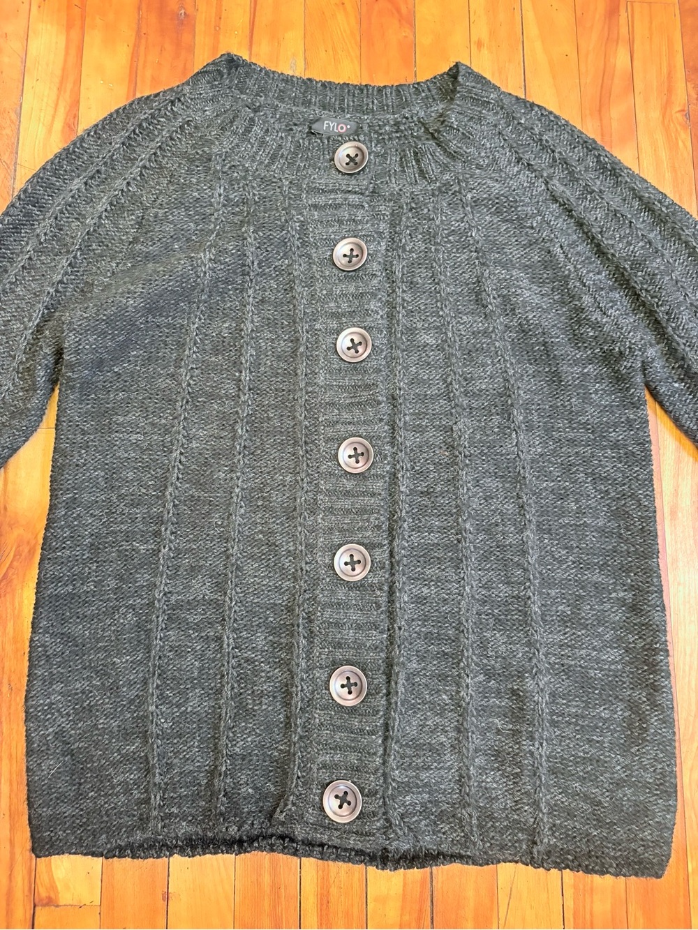 FYLO Charcoal Gray Cable Button-Front Cardigan - Size Large